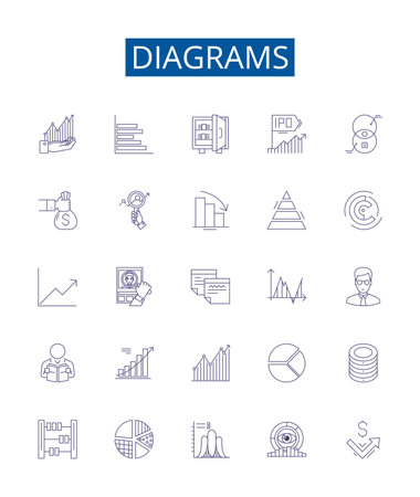 Diagrams line icons signs set. Design collection of Graphs, Charts, Maps, Plots, Tables, Images, Flowcharts, Models outline concept vector illustrationsのイラスト素材
