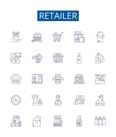 Retailer line icons signs set. Design collection of Merchant, Seller, Outlet, Dealer, Trader, Store, Shop, Boutique outline concept vector illustrationsのイラスト素材