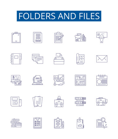 Folders and files line icons signs set. Design collection of folders, files, organization, storage, backup, archive, retrieval, sharing outline concept vector illustrationsのイラスト素材