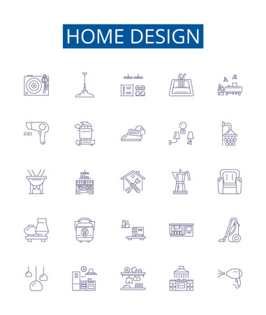 Home design line icons signs set. Design collection of Interiors, Decor, Architecture, Furniture, Style, Color, Planning, Spaces outline concept vector illustrationsのイラスト素材