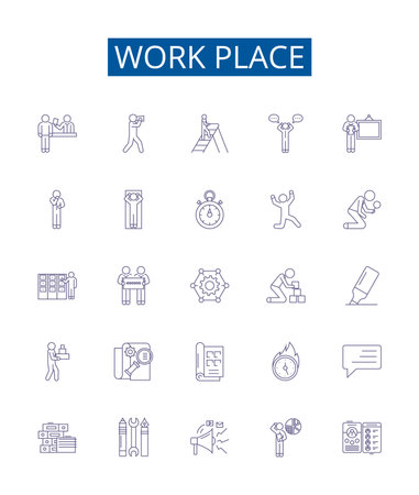 Work place line icons signs set. Design collection of Office, Cubicle, Environment, Desk, Facility, Occupation, Career, Opportunity outline concept vector illustrationsのイラスト素材