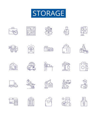 Storage line icons signs set. Design collection of Storage, preservation, stocking, stockpiling, keeping, cache, collection, containment outline concept vector illustrationsのイラスト素材