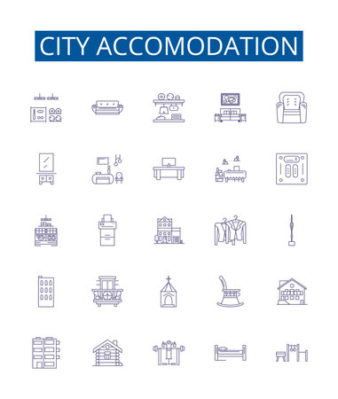 City accomodation line icons signs set. Design collection of Lodging, Accommodation, Housing, Inn, Bed and breakfast, Hotel, Hostel, Airbnb outline concept vector illustrationsのイラスト素材