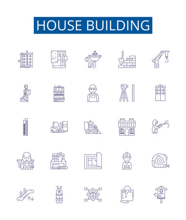 House building line icons signs set. Design collection of Construction, Design, Architecture, Cement, Walls, Roof, Foundation, Plumbing outline concept vector illustrationsのイラスト素材