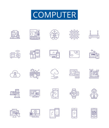 Computer line icons signs set. Design collection of Hardware, Software, Data, Network, Monitor, Keyboard, Mouse, Processor outline concept vector illustrationsのイラスト素材
