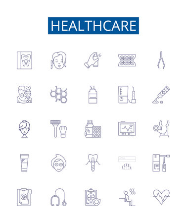 Healthcare line icons signs set. Design collection of Care, Healthcare, Medicine, Treatment, Wellness, Diagnosis, Mental, Health outline concept vector illustrationsのイラスト素材