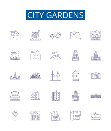 City gardens line icons signs set. Design collection of Urban, Park, Green, Plaza, Vegetation, Lawns, Paths, Walkways outline concept vector illustrationsのイラスト素材