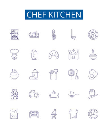 Chef kitchen line icons signs set. Design collection of Cooking, Cuisine, Chef, Recipe, Kitchenware, Knives, Utensils, Prep outline concept vector illustrationsのイラスト素材