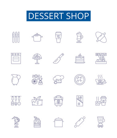 Dessert shop line icons signs set. Design collection of dessert, shop, bakery, pastry, confectionery, ice cream, sorbet, parlor outline concept vector illustrationsのイラスト素材