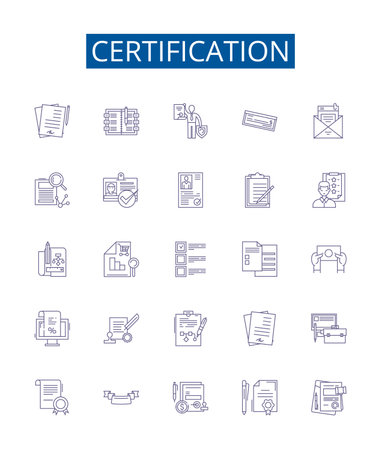Certification line icons signs set. Design collection of Certificate, Credential, Licensed, Qualified, Approved, Accredited, Endorsed, Affirmed outline concept vector illustrationsのイラスト素材