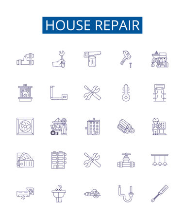 House repair line icons signs set. Design collection of Housekeeping, Plumbing, Painting, Tiling, Carpentry, Roofing, Caulking, Insulation outline concept vector illustrationsのイラスト素材