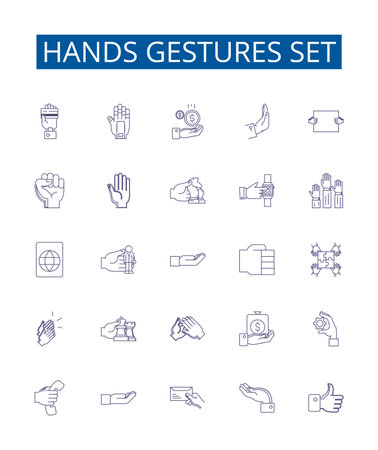 Hands gestures set line icons signs set. Design collection of Gesticulate, Waving, Pointing, Grasping, Clasping, Signaling, Flourishing, Flicking outline concept vector illustrationsのイラスト素材