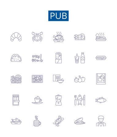 Pub line icons signs set. Design collection of Bar, Alehouse, Tavern, Pubs, Brewery, Taproom, Public House, Watering Hole outline concept vector illustrationsのイラスト素材