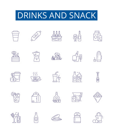 Drinks and snack line icons signs set. Design collection of Cuisine, Diet, Baking, Feasting, Gourmet, Nourishment, Banquet, Savoring outline concept vector illustrationsのイラスト素材