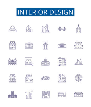 Interior design line icons signs set. Design collection of Decor, Styling, Furnishings, Layout, Colour, Light, Painting, Wallpaper outline concept vector illustrationsのイラスト素材