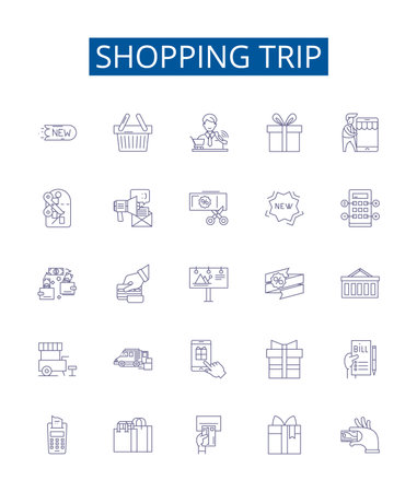 Shopping trip line icons signs set. Design collection of Shopping, Trip, Store, Purchase, Outing, Buy, Item, Shop outline concept vector illustrationsのイラスト素材