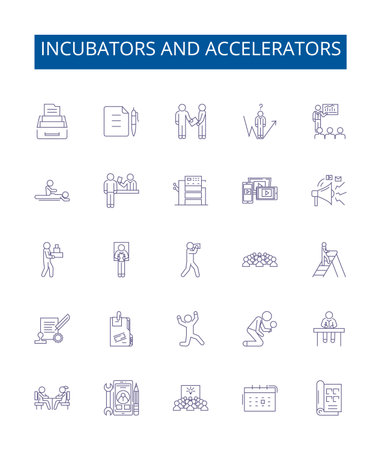 Incubators and accelerators line icons signs set. Design collection of Incubators, Accelerators, Startups, Investment, Innovate, Mentoring, Development, Network outline concept vector illustrationsのイラスト素材