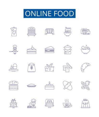 Online food line icons signs set. Design collection of Order, Delivery, Grubhub, Eat4, Restaurants, Menu, Cuisine, Deliverycom outline concept vector illustrationsのイラスト素材