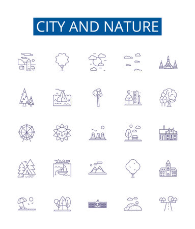 City and nature line icons signs set. Design collection of urban, rural, landscape, backdrop, locale, skyline, architecture, vegetation outline concept vector illustrationsのイラスト素材