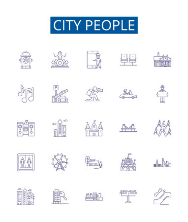 City people line icons signs set. Design collection of Urbanites, Townspeople, Metropolitans, Dwellers, Municipals, Inhabitants, Citizens, Residers outline concept vector illustrationsのイラスト素材