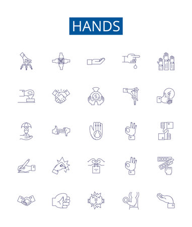 Hands line icons signs set. Design collection of Palms, Clenched, Reach, Squeeze, Shake, Grasp, Fingers, Gloves outline concept vector illustrationsのイラスト素材