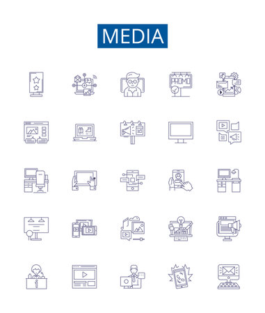 Media line icons signs set. Design collection of Media, Journalism, Broadcasting, Print, Publications, Advertising, Radio, TV outline concept vector illustrationsのイラスト素材