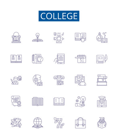 College line icons signs set. Design collection of College, Higher Education, University, Academic, Learning, Degrees, Degree, Student outline concept vector illustrationsのイラスト素材