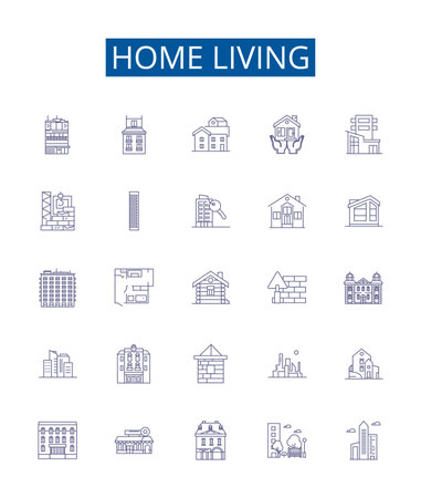 Home living line icons signs set. Design collection of Home, Living, Furniture, Decor, Cleaning, Storage, Gardening, Kitchen outline concept vector illustrationsのイラスト素材