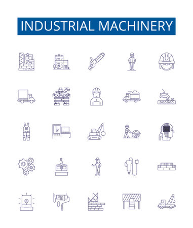 Industrial machinery line icons signs set. Design collection of Machinery, Industrial, Equipment, Factories, Manufacturing, Lathes, Mills, Automation outline concept vector illustrationsのイラスト素材