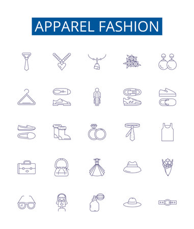 Apparel fashion line icons signs set. Design collection of Clothing, Footwear, Accessories, garments, trendy, fashionista, fabric, design outline concept vector illustrationsのイラスト素材