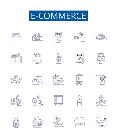 E-commerce line icons signs set. Design collection of Online, Shopping, Marketplace, Retail, Transaction, Digital, Products, Services outline concept vector illustrationsのイラスト素材