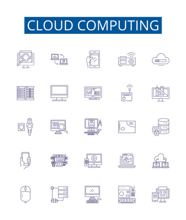Cloud computing line icons signs set. Design collection of Cloud, Computing, Infrastructure, Platform, Services, Storage, Virtualization, Software outline concept vector illustrationsのイラスト素材