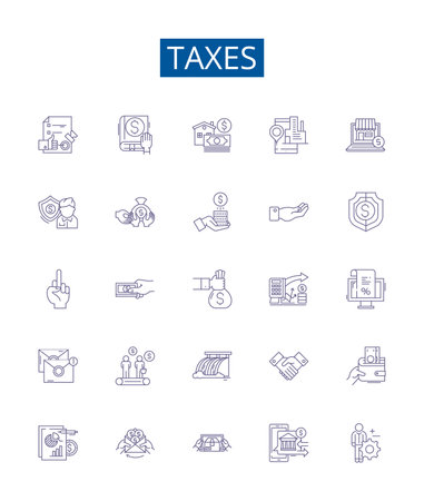Taxes line icons signs set. Design collection of Levy, Duty, Tariff, Excise, Deduction, Withholding, Collection, Revenue outline concept vector illustrationsのイラスト素材