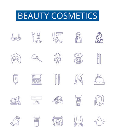 Beauty cosmetics line icons signs set. Design collection of Makeup, SkinCare, HairCare, Perfume, Lipstick, Facial, Primer, Mascara outline concept vector illustrationsのイラスト素材