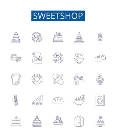 Sweetshop line icons signs set. Design collection of Candy, Sweet, Confectionery, Chocolates, Toffee, Caramel, Gummies, Pralines outline concept vector illustrationsのイラスト素材