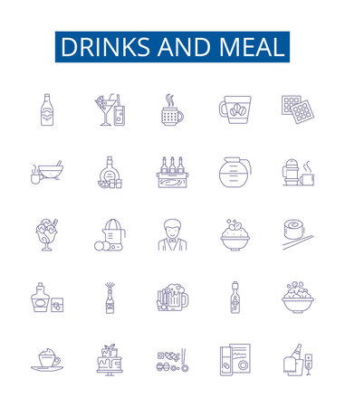 Drinks and meal line icons signs set. Design collection of Beverages, Food, Dining, Soda, Beer, Cuisine, Juice, Cocktails outline concept vector illustrationsのイラスト素材