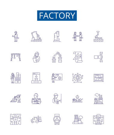 Factory line icons signs set. Design collection of Factory, Manufacturing, Industrial, Plant, Workshop, Mill, Production, Assembly outline concept vector illustrationsのイラスト素材
