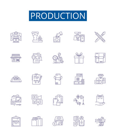 Production line icons signs set. Design collection of Producing, Manufacturing, Output, Generating, Fabricating, Making, Creating, assembling outline concept vector illustrationsのイラスト素材