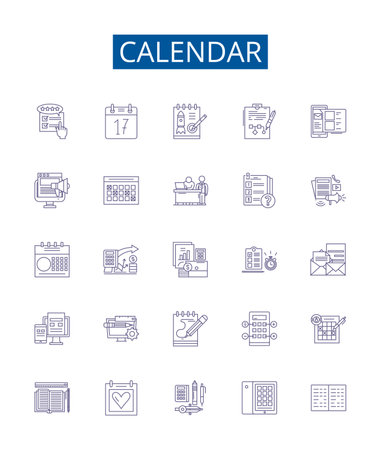 Calendar line icons signs set. Design collection of Calendar, Dates, Schedule, Planner, Tracking, Scheduling, Timetable, Agenda outline concept vector illustrationsのイラスト素材