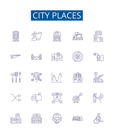 City places line icons signs set. Design collection of Town, Metropolis, Village, Borough, Settlement, Suburb, Plaza, Avenue outline concept vector illustrationsのイラスト素材