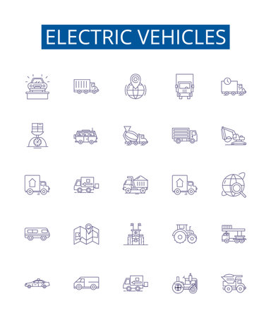 Electric vehicles line icons signs set. Design collection of Electric, Vehicles, EVs, Battery, Hybrid, Plug in, Power, Charging outline concept vector illustrationsのイラスト素材