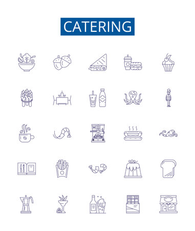 Catering line icons signs set. Design collection of Supply, Restaurant, Chef, Cuisine, Events, Meal, Delivery, Service outline concept vector illustrationsのイラスト素材