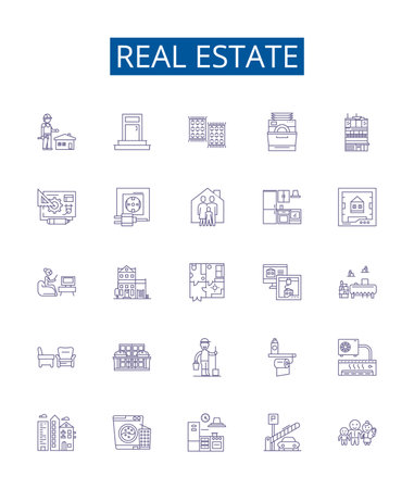 Real estate line icons signs set. Design collection of Property, Homes, Land, Houses, Investment, Agent, Broker, Market outline concept vector illustrationsのイラスト素材