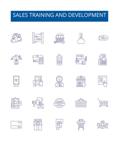 Sales training and development line icons signs set. Design collection of sales, training, development, strategy, technique, skill, knowledge, communication outline concept vector illustrationsのイラスト素材