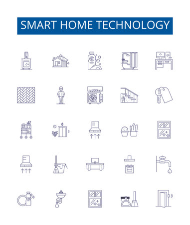 Smart home technology line icons signs set. Design collection of Smart, Home, Technology, Automation, Connected, Security, Climate, Lighting outline concept vector illustrationsのイラスト素材