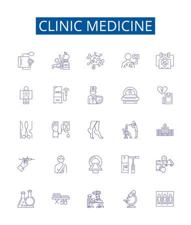 Clinic medicine line icons signs set. Design collection of Clinic, Medicine, Healthcare, Physician, Treatment, Diagnosis, Surgery, Patients outline concept vector illustrationsのイラスト素材