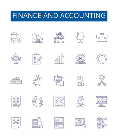 Finance and accounting line icons signs set. Design collection of Finance, Accounting, Banking, Bookkeeping, Taxation, Investing, Auditing, Budgeting outline concept vector illustrationsのイラスト素材