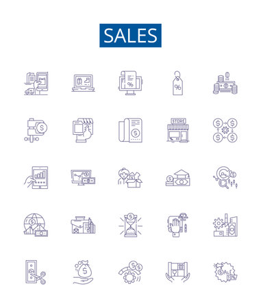 Sales line icons signs set. Design collection of Sales, Merchandising, Profits, Purchasing, Retailing, Marketability, Shipping, Advertising outline concept vector illustrationsのイラスト素材