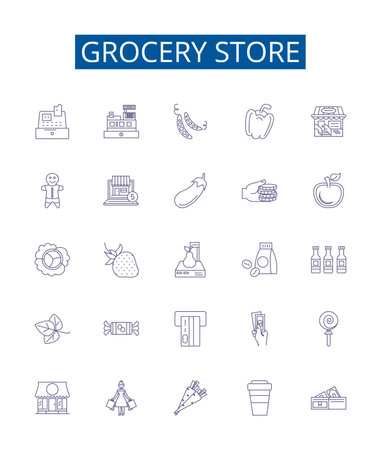 Grocery store line icons signs set. Design collection of Grocery, Store, Supermarket, Provisions, Fruits, Vegetables, Dairy, Meat outline concept vector illustrationsのイラスト素材