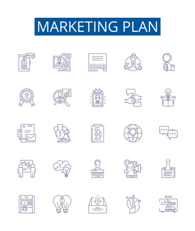 Marketing plan line icons signs set. Design collection of Campaign, Strategy, Objectives, Target, Analysis, Budget, Tactics, Segmentation outline concept vector illustrationsのイラスト素材
